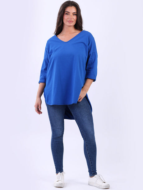 Women Plain Casual V-Neck High Low Top