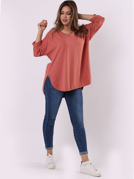 Women Plain Casual V-Neck High Low Top