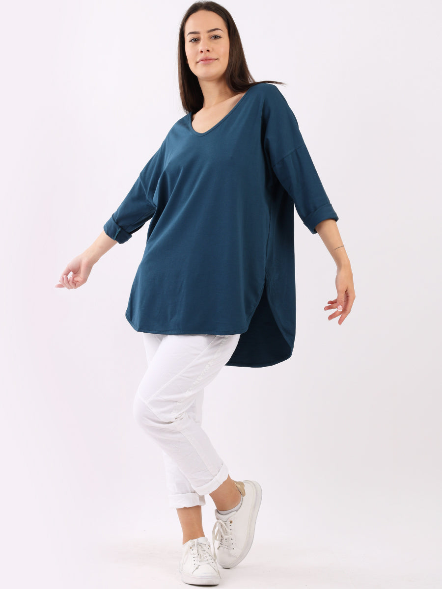 Women Plain Casual V-Neck High Low Top