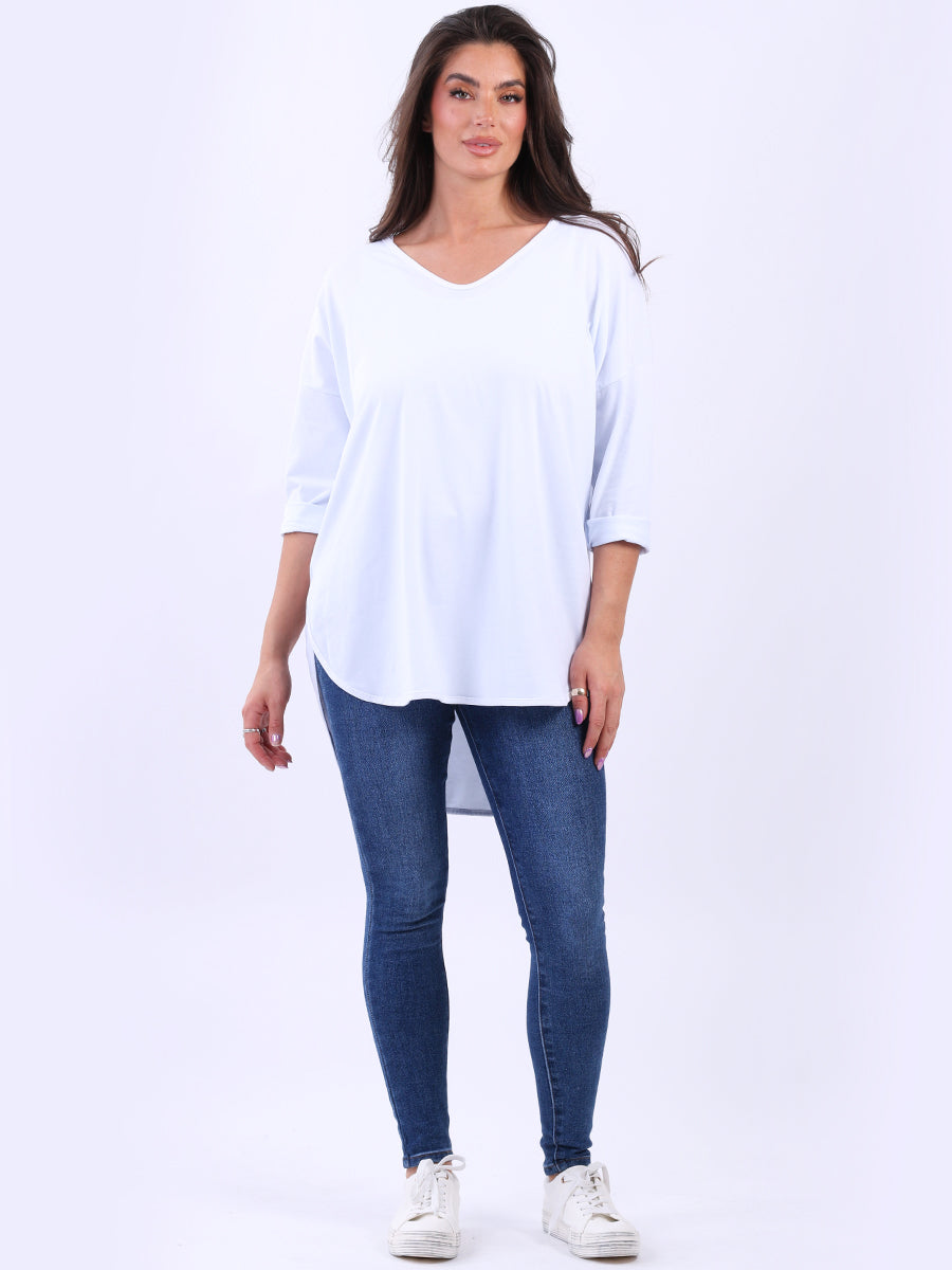 Women Plain Casual V-Neck High Low Top