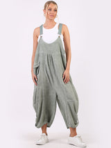 Ladies Plain Linen Wide Leg Pabo Cropped Dungaree