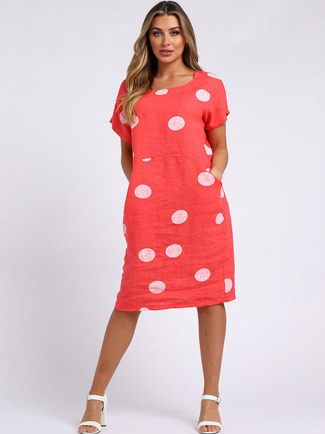 Polka Dots Print Linen Shift Dress