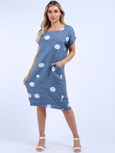 Polka Dots Print Linen Shift Dress