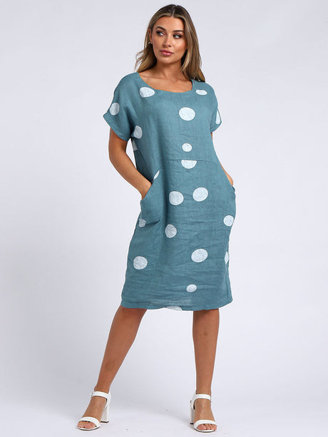 Italian Polka Dot Front Pocket Lagenlook Linen Dress-coral