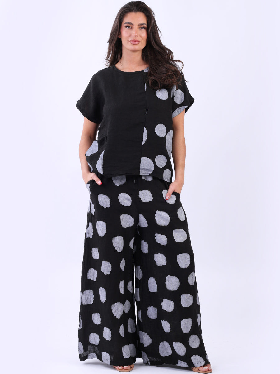 Women Polka Dot Print Lagenlook Linen Crop Top