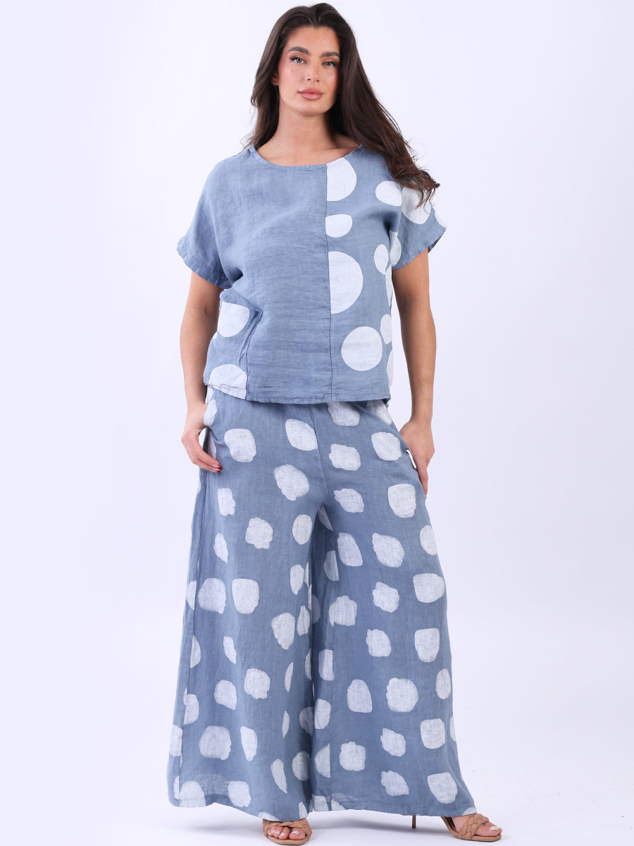 Women Polka Dot Print Lagenlook Linen Crop Top