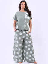 Women Polka Dot Print Lagenlook Linen Crop Top