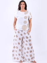 Women Polka Dot Print Lagenlook Linen Crop Top