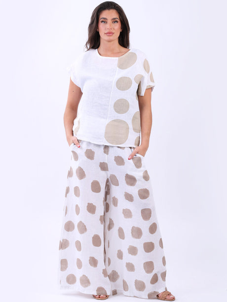 Women Polka Dot Print Lagenlook Linen Crop Top