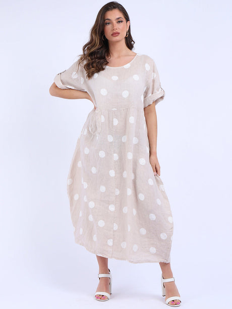 Plus Size Casual Polka Dot Linen Dress