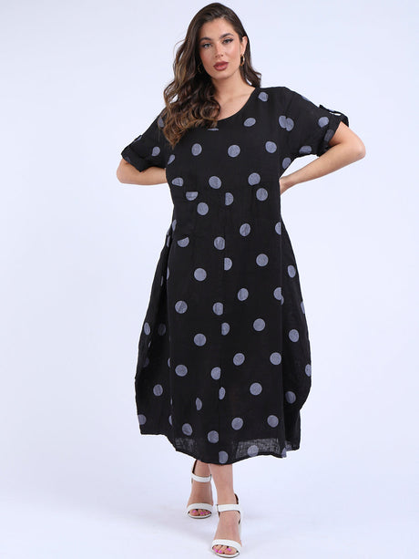 Plus Size Casual Polka Dot Linen Dress