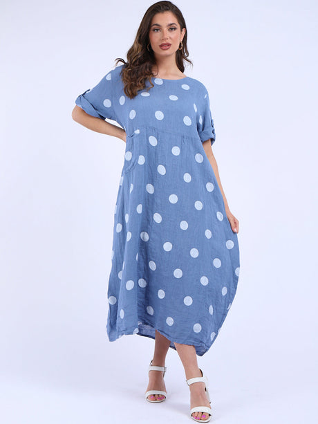 Plus Size Casual Polka Dot Linen Dress