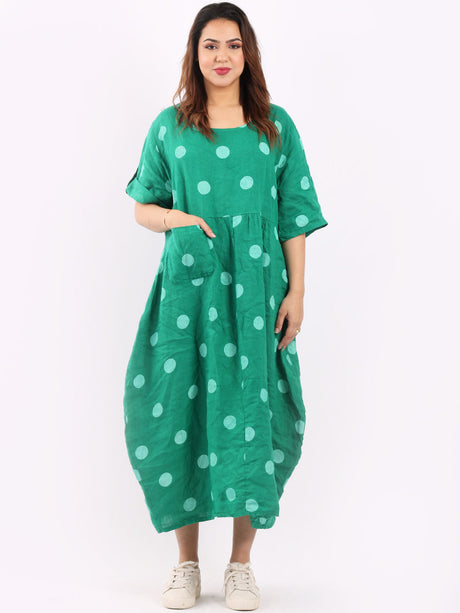 Plus Size Casual Polka Dot Linen Dress