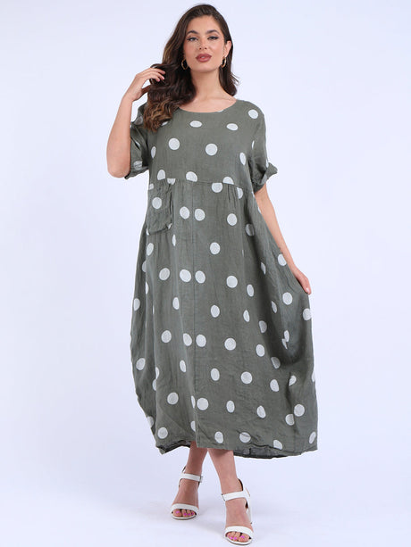 Plus Size Casual Polka Dot Linen Dress