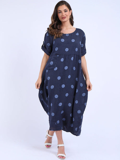 Plus Size Casual Polka Dot Linen Dress