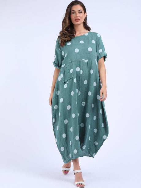 Plus Size Casual Polka Dot Linen Dress