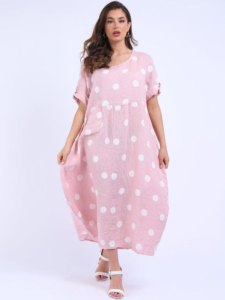 Plus Size Casual Polka Dot Linen Dress