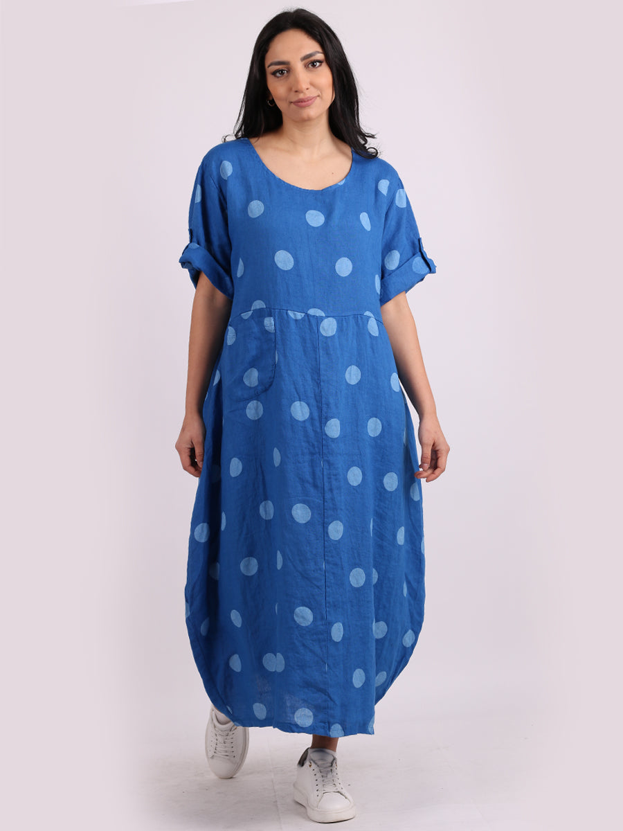 Plus Size Casual Polka Dot Linen Dress Royal Blue One Size UK 12 18