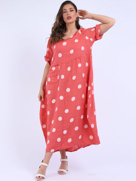 Plus Size Casual Polka Dot Linen Dress