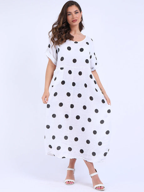 Plus Size Casual Polka Dot Linen Dress