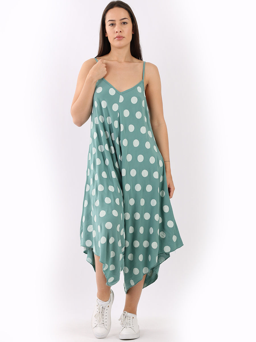 Polka Dots Print Cotton Wide Leg Cami Jumpsuit