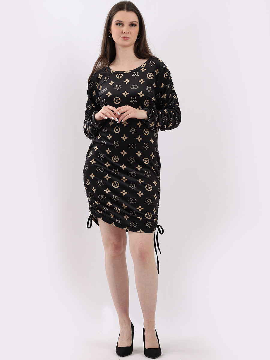 Drawstring Ruched Ladies Velour Bodycon Printed Dress