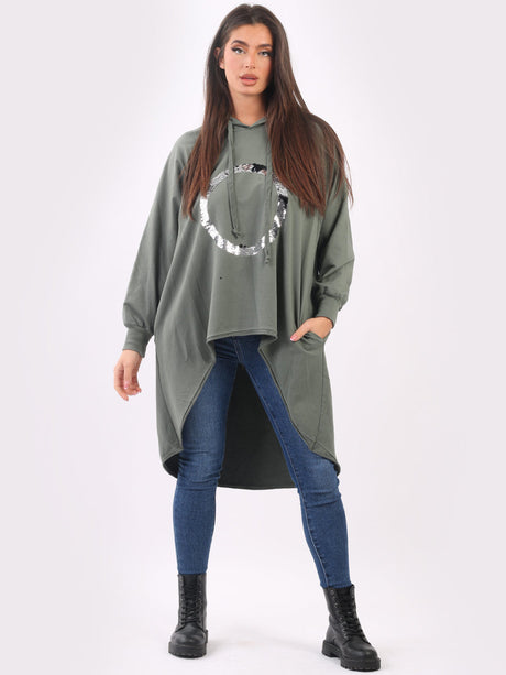 Plain Cotton Dip Hem Ladies Oversized Sequin Hoodie