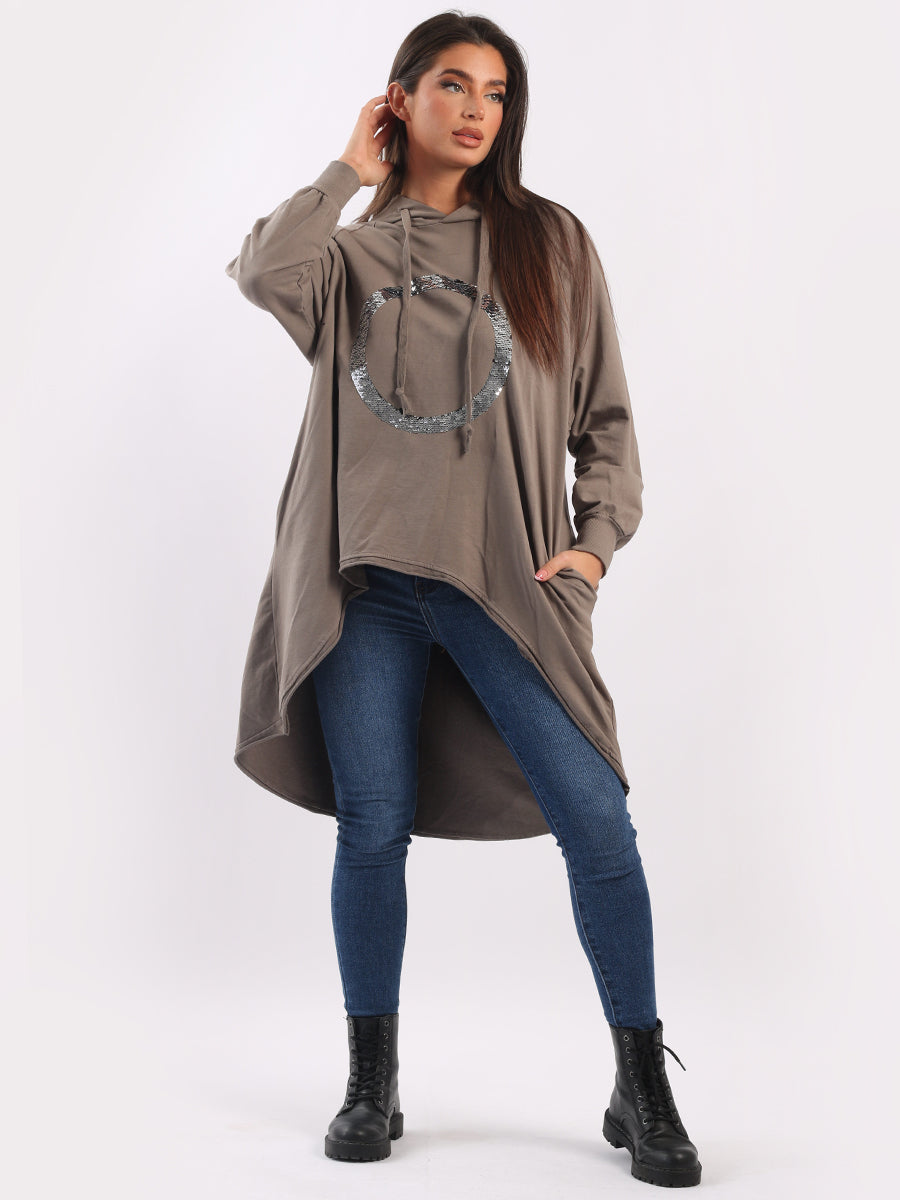 Plain Cotton Dip Hem Ladies Oversized Sequin Hoodie