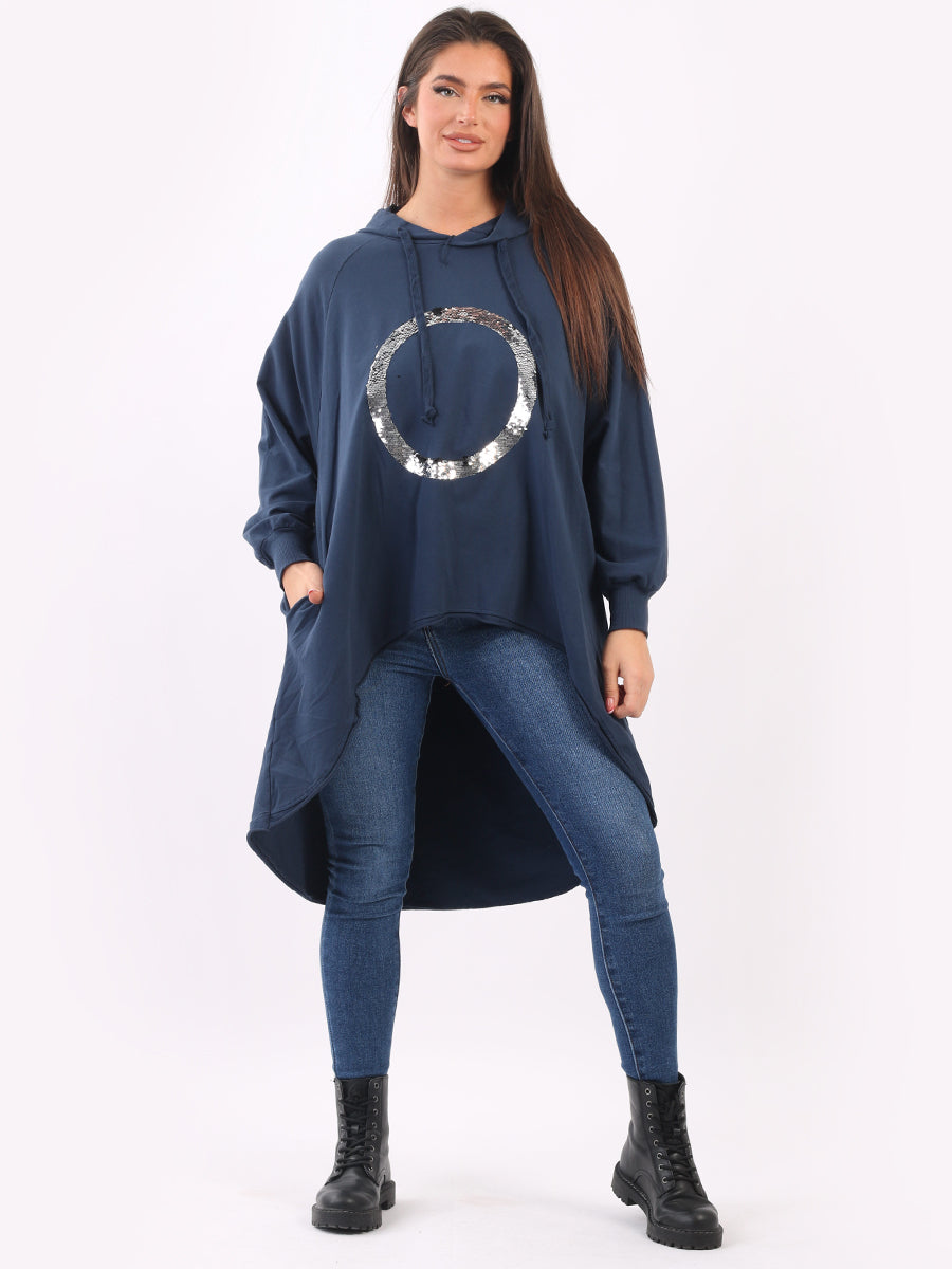 Plain Cotton Dip Hem Ladies Oversized Sequin Hoodie