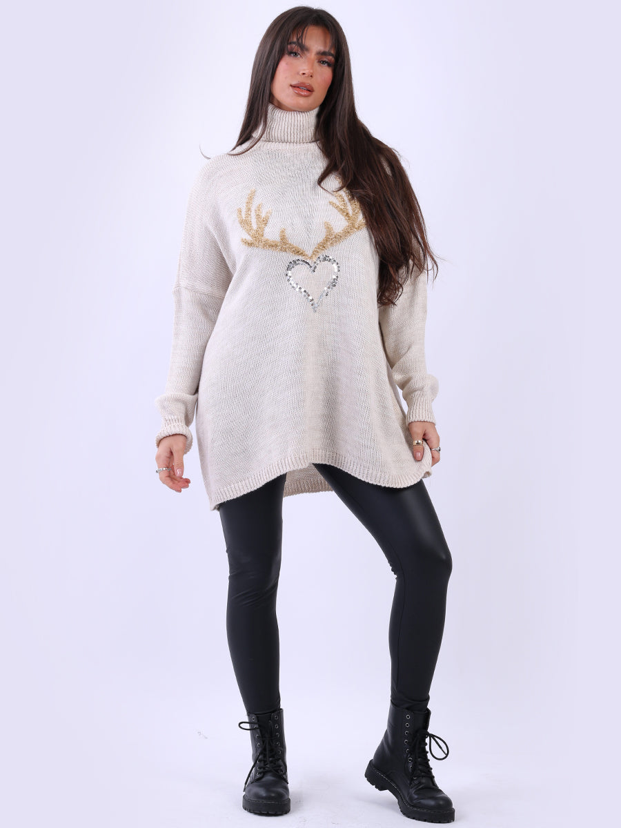 Sequin Heart Reindeer Christmas Wool Knit Top