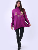 Sequin Heart Reindeer Christmas Wool Knit Top