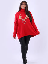 Sequin Heart Reindeer Christmas Wool Knit Top