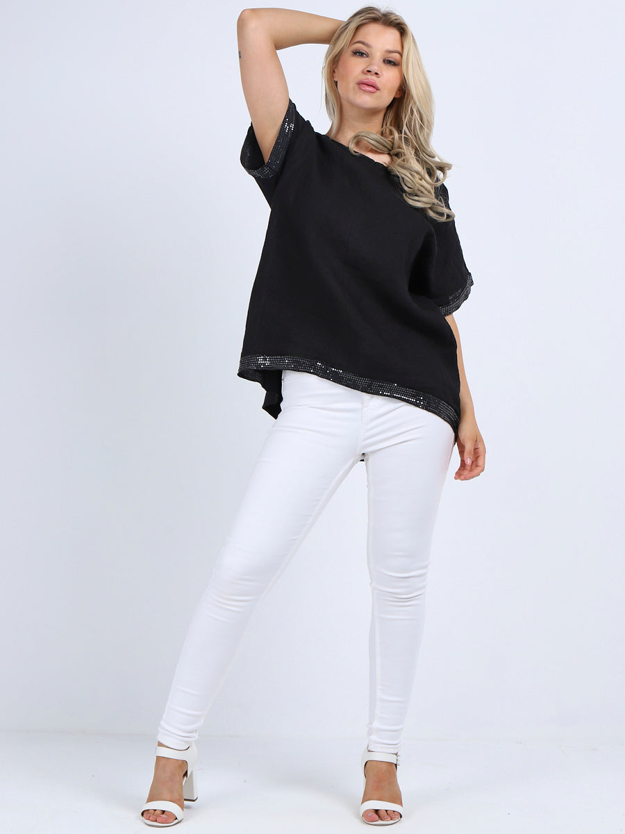 Glitzy Sequins Linen Hi-Lo Casual Top