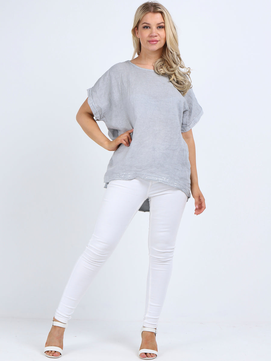 Glitzy Sequins Linen Hi-Lo Casual Top