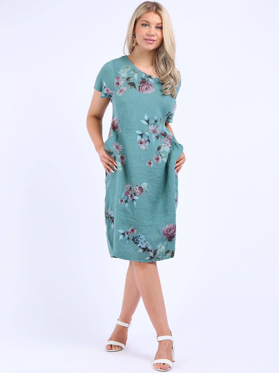Ladies Floral Print Linen Shift Dress