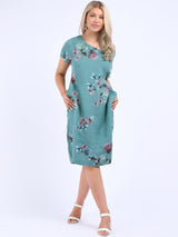Ladies Floral Print Linen Shift Dress