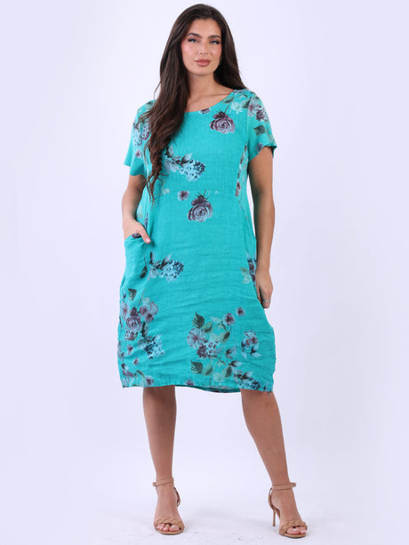 Ladies Floral Print Linen Shift Dress