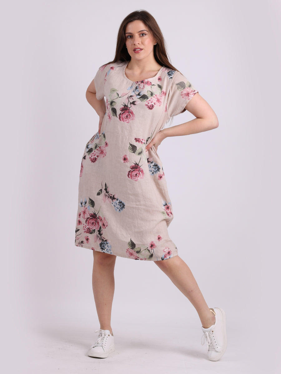 Ladies Floral Print Linen Shift Dress