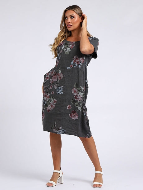 Ladies Floral Print Linen Shift Dress