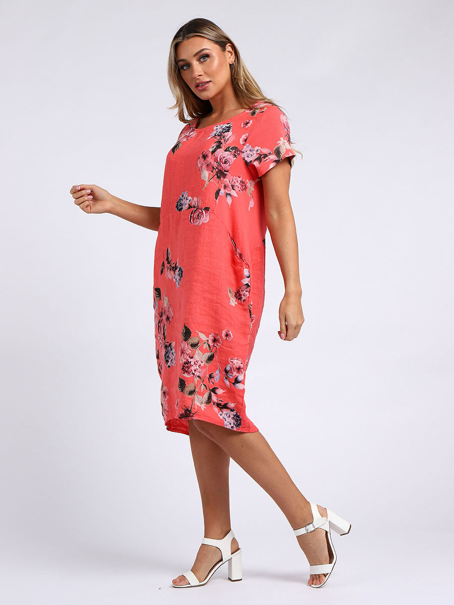 Ladies Floral Print Linen Shift Dress