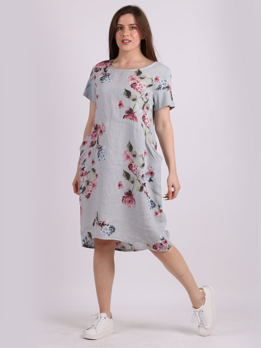 Ladies Floral Print Linen Shift Dress