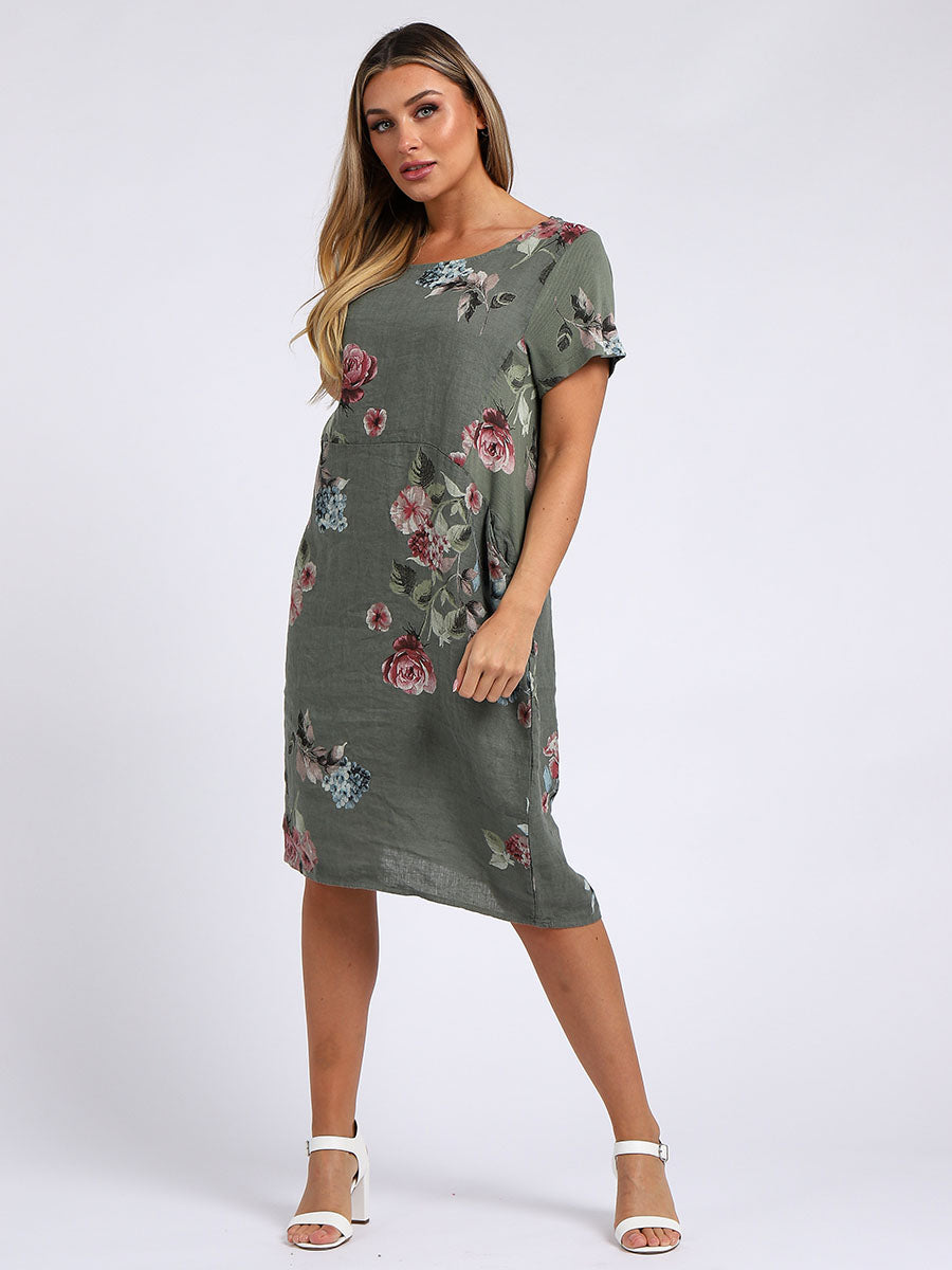 Ladies Floral Print Linen Shift Dress