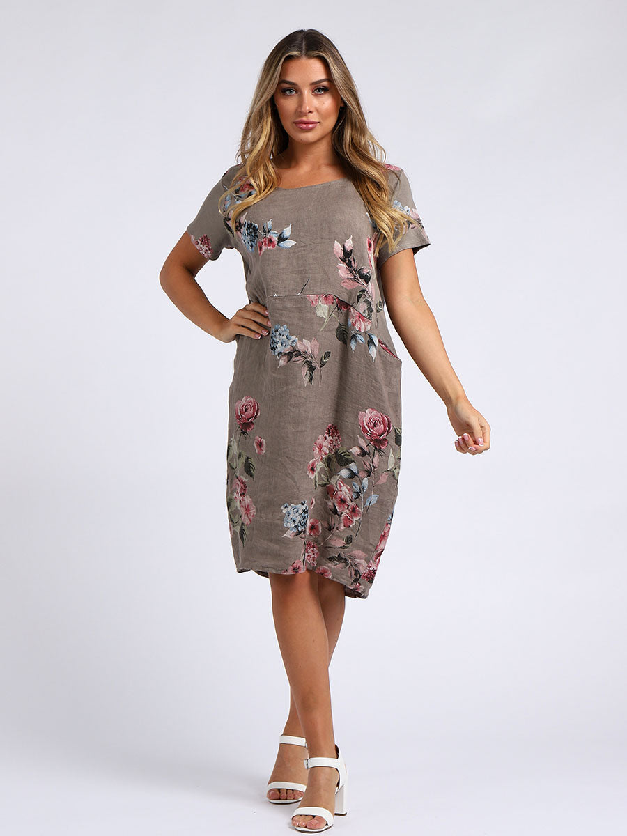 Ladies Floral Print Linen Shift Dress