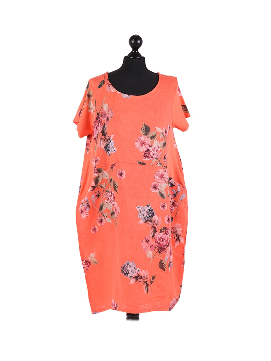 Ladies Floral Print Linen Shift Dress