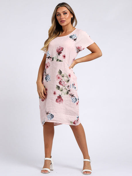 Ladies Floral Print Linen Shift Dress