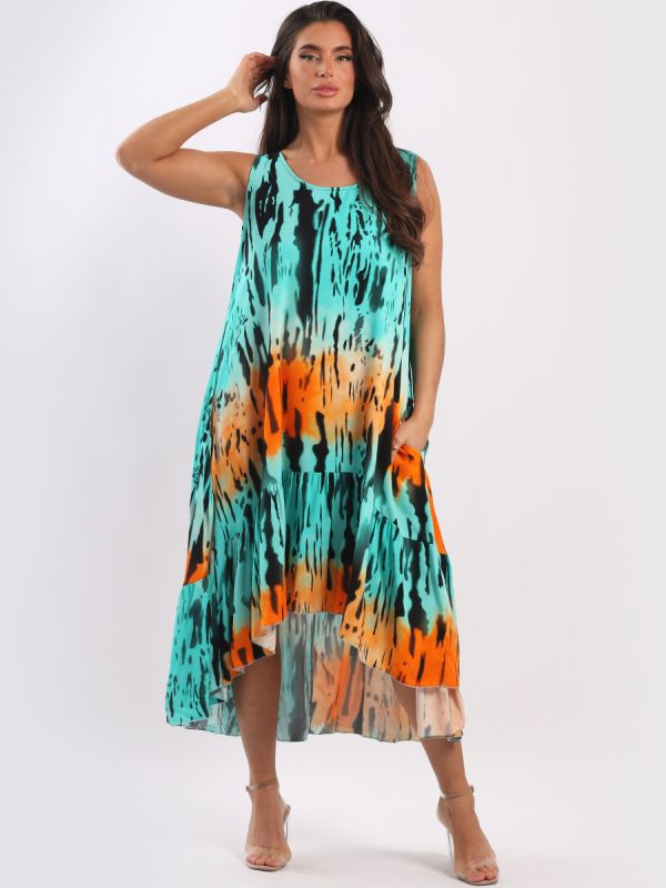 Ladies Digital Tie Dye Print Flared High Low Tank Dress