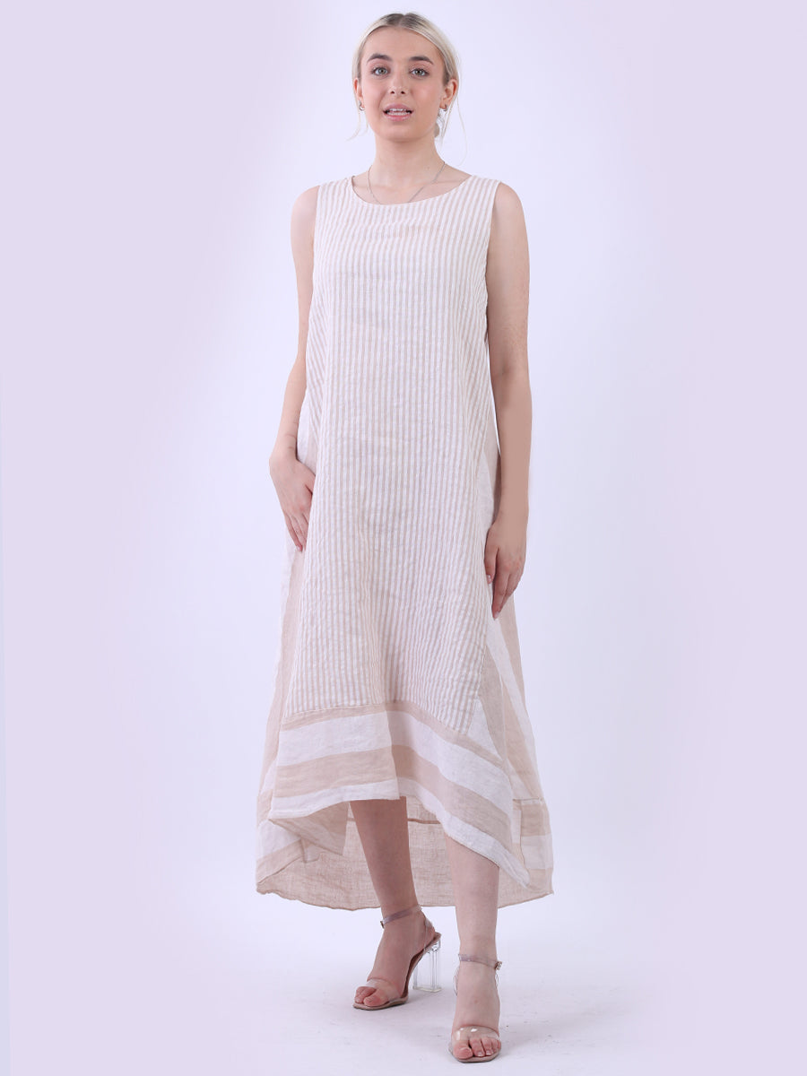 Sleeveless Linen Stripy Dress Beige