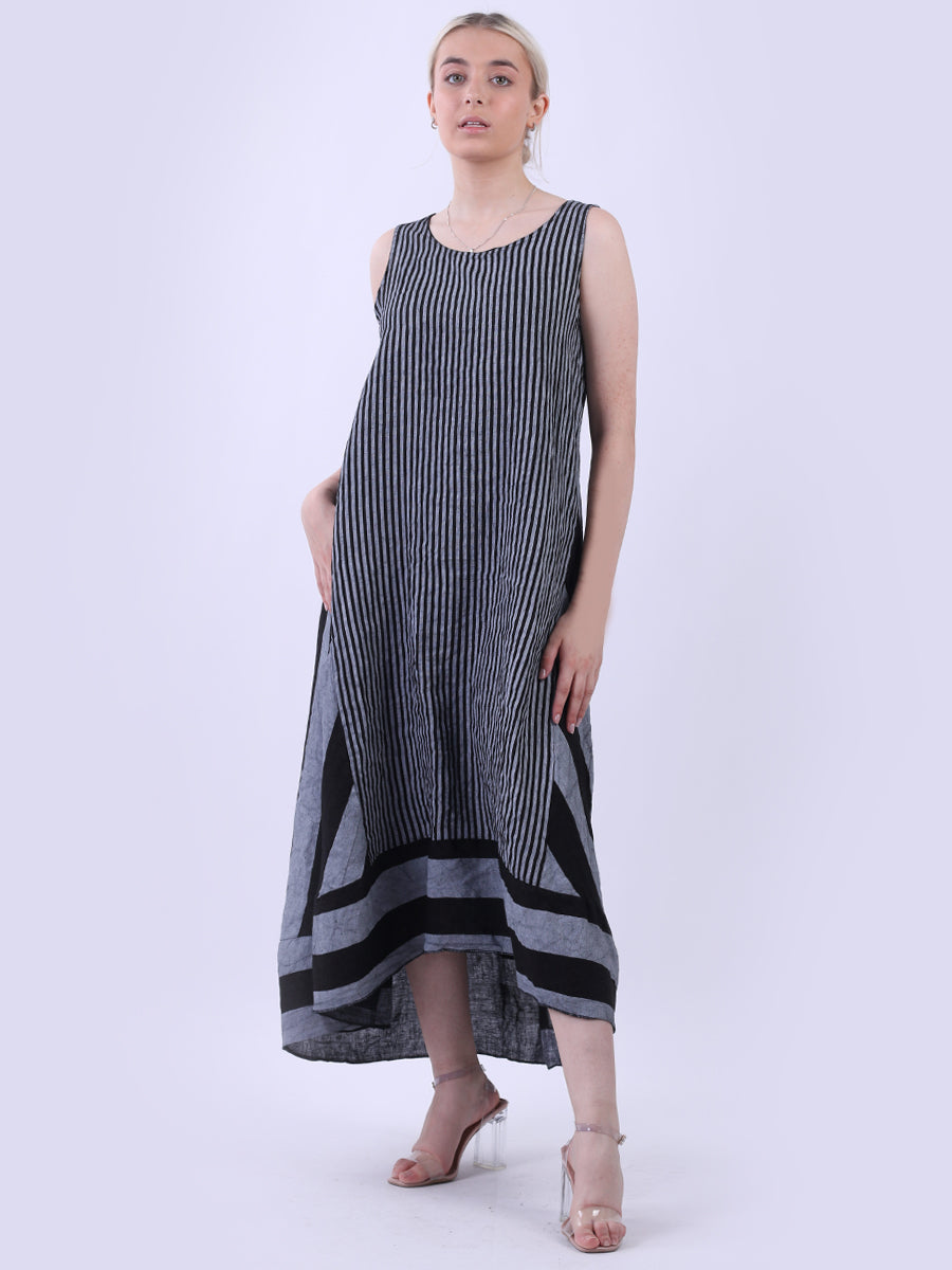 Sleeveless Linen Stripy Dress Black