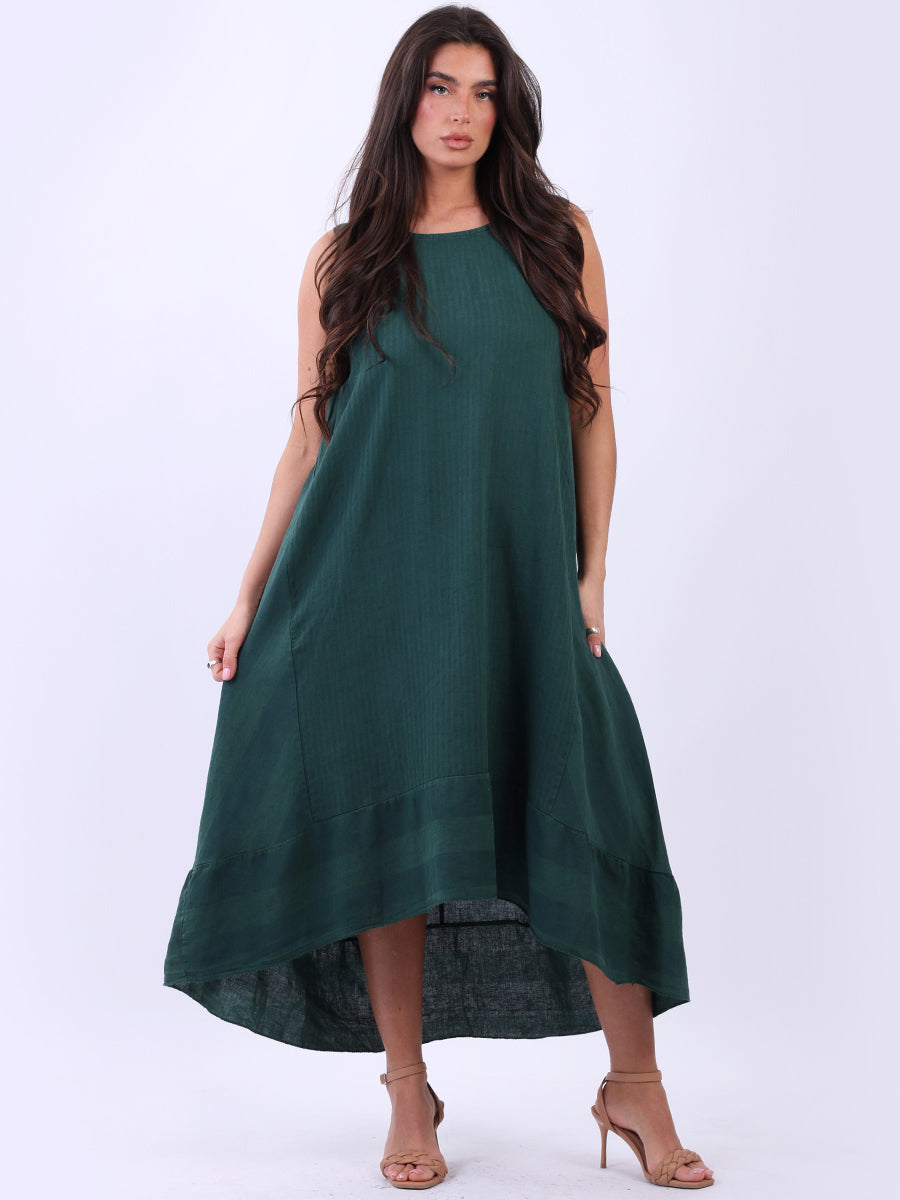 Sleeveless Linen Stripy Dress Bottle Green