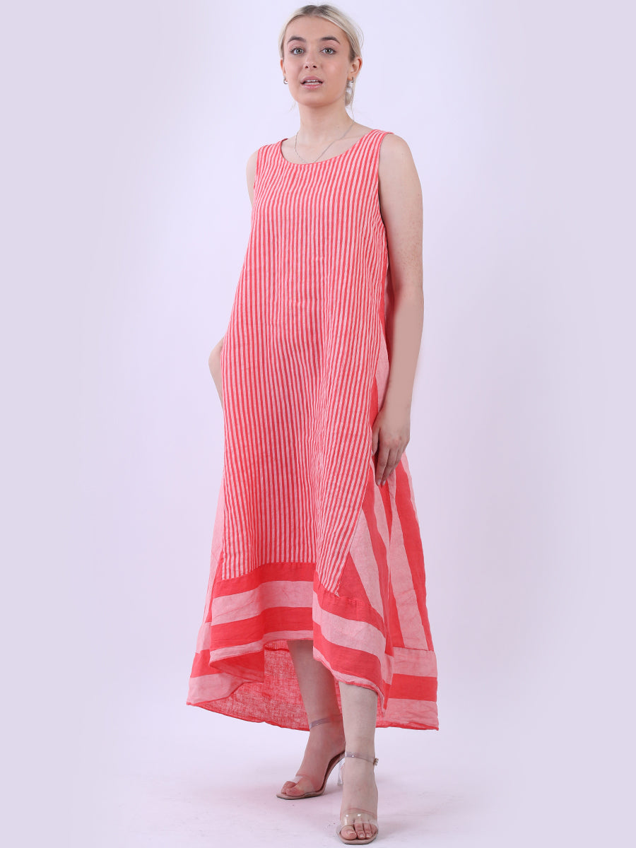 Sleeveless Linen Stripy Dress Coral